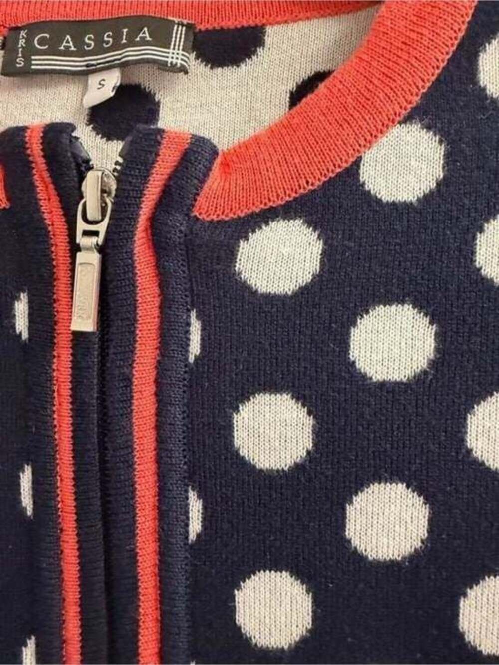 Kris Cassia Navy and White Polka Dot Zip Jacket with Coral Trim Small - Picture 4 of 7